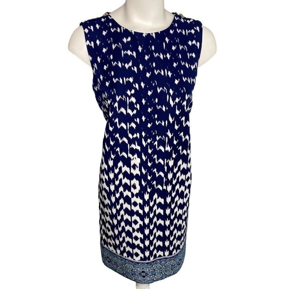 AB Studio Blue White Shift Zipper Shoulder‎ Sleeveless Dress Sz 6